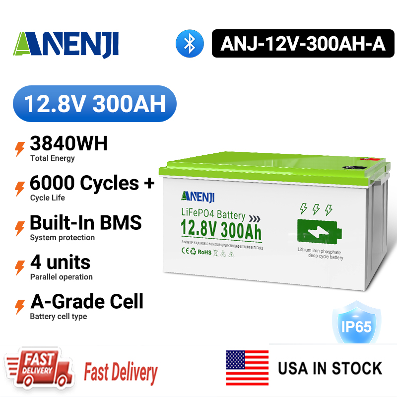 USA WAREHOUSE--ANENJI 12.8V 300Ah 3.84KWH LiFePO4 Battery RV Boot Solar Golf Cart Battery Built-in BMS Grade Lithium Iron Phosphate Off-Road Off-grid