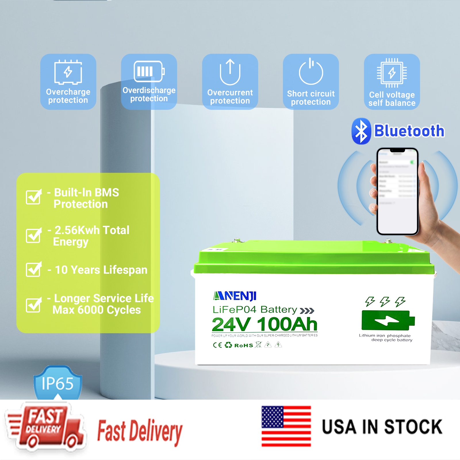 USA WAREHOUSE--ANENJI 24V 100Ah 2560WH LiFePO4 Battery RV Boot Solar Golf Cart Battery Built-in BMS Grade Lithium Iron Phosphate Off-Road Off-grid