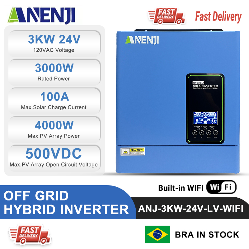 Brazil WAREHOUSE--ANENJI 3KW 24V 110/120V Off grid Inverter Pure Sine Wave MPPT Solar Charging Built in MPPT 100A Hybrid Inverter Home Inversor