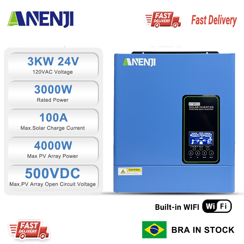 Brazil WAREHOUSE--ANENJI 3KW 24V 110/120V Off grid Inverter Pure Sine Wave MPPT Solar Charging Built in MPPT 100A Hybrid Inverter Home Inversor