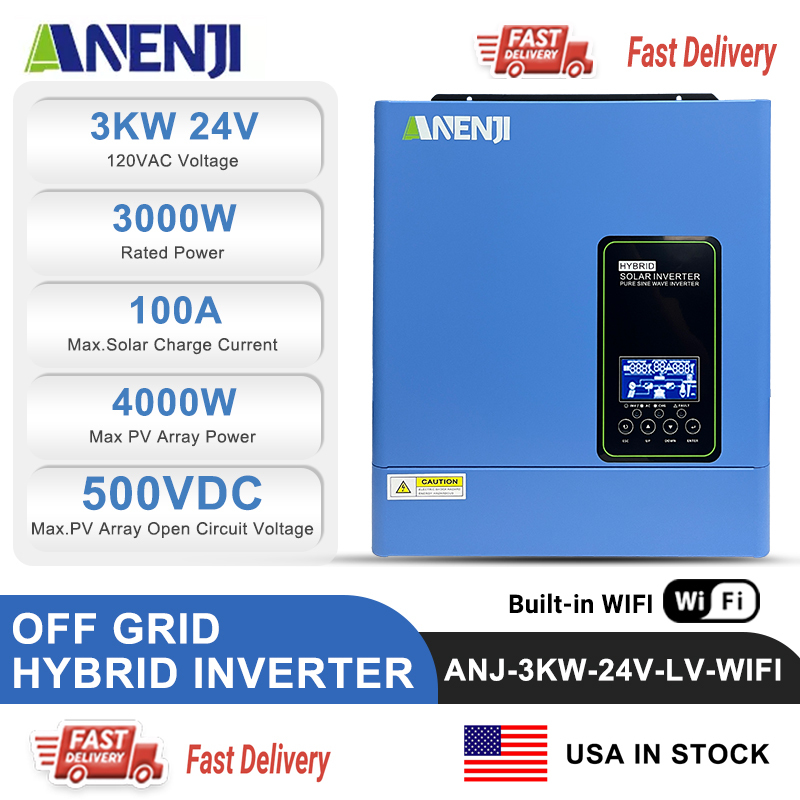 USA WAREHOUSE--ANENJI 3KW 24V 110/120V Off grid Inverter Pure Sine Wave MPPT Solar Charging Built in MPPT 100A Hybrid Inverter Home Inversor
