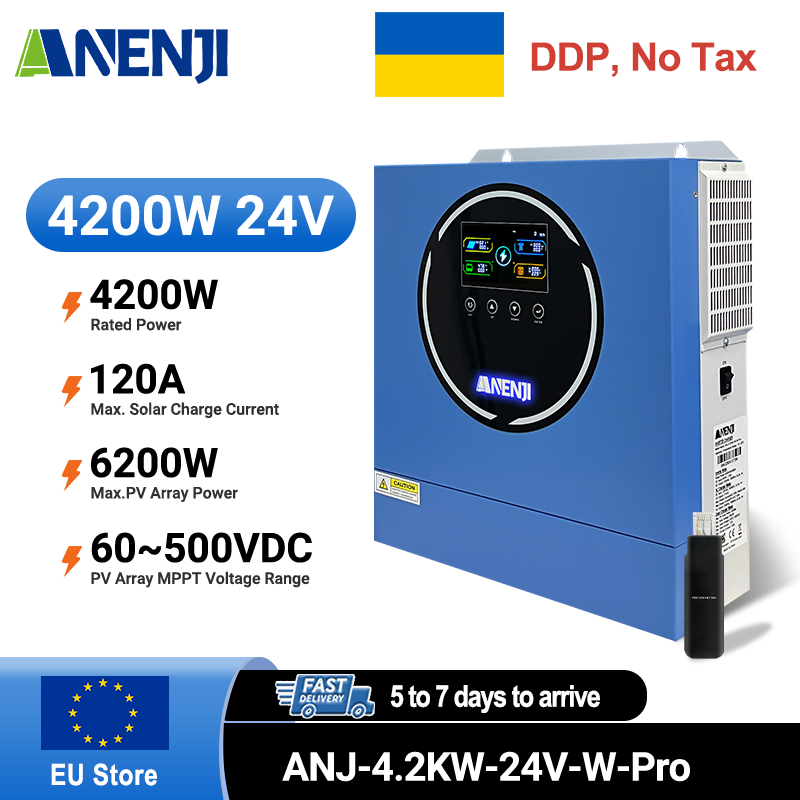 Ukraine Delivery Directly----Pre-Sale ANENJI 4200W 4.2KW MPPT Hybrid Solar Inverter 24V On/Off Grid Dual Output Inverter 230VAC 120A Solar Charge Controller for PV 60-500V
