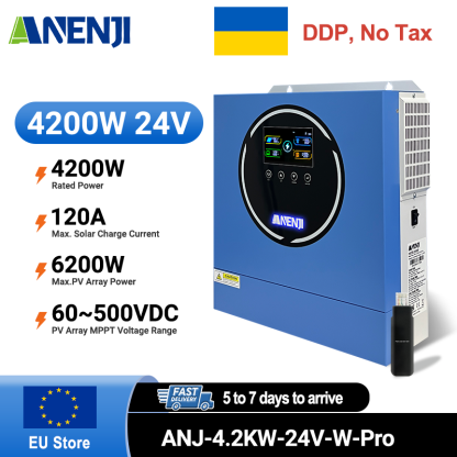 Ukraine Delivery Directly----Pre-Sale ANENJI 4200W 4.2KW MPPT Hybrid Solar Inverter 24V On/Off Grid Dual Output Inverter 230VAC 120A Solar Charge Controller for PV 60-500V