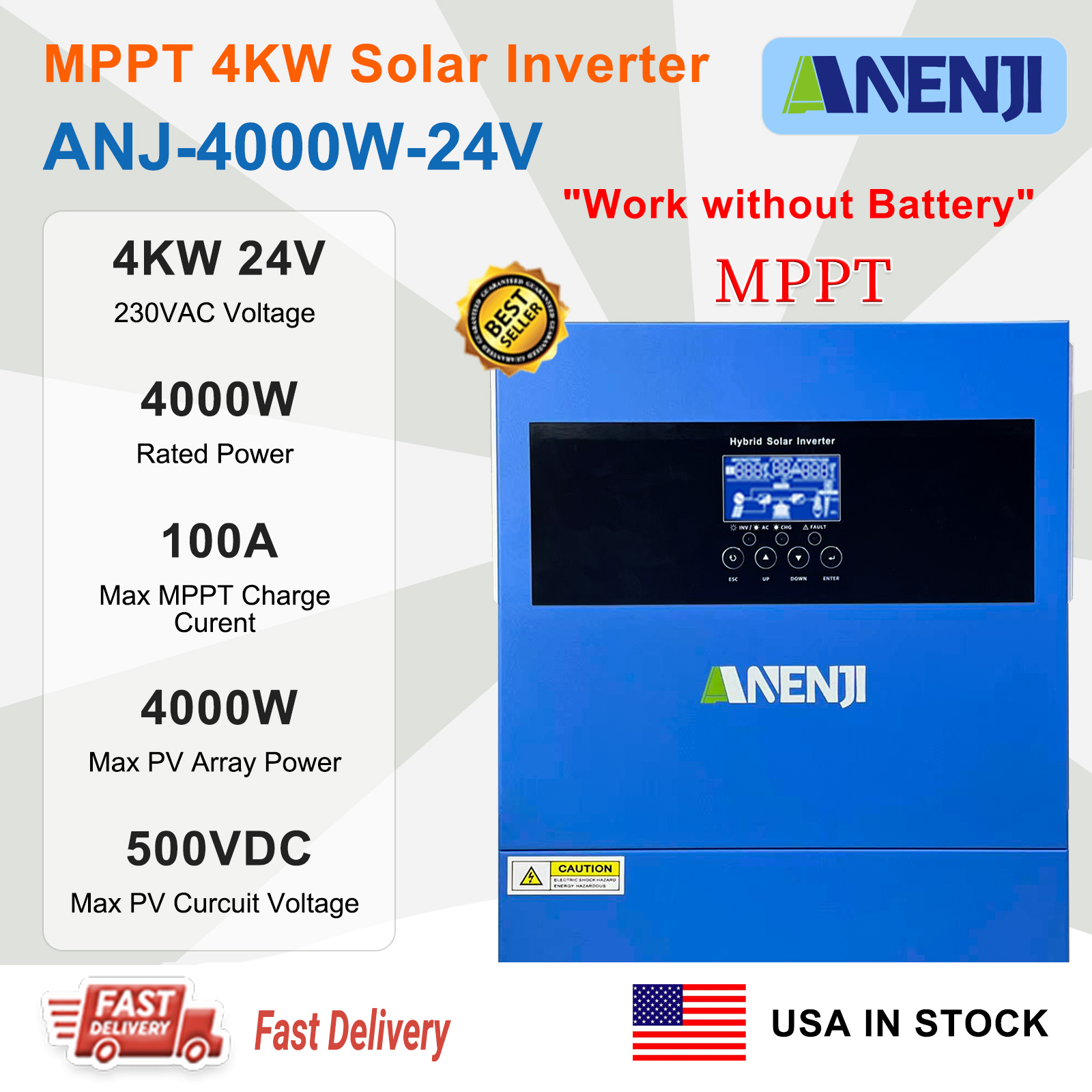 USA WAREHOUSE----ANENJI 4200W MPPT Hybrid Solar Inverter 4.2KW 24V On/Off Grid Photovoltaic Inverter 230VAC 100A Solar Charge Controller for PV 60-500V
