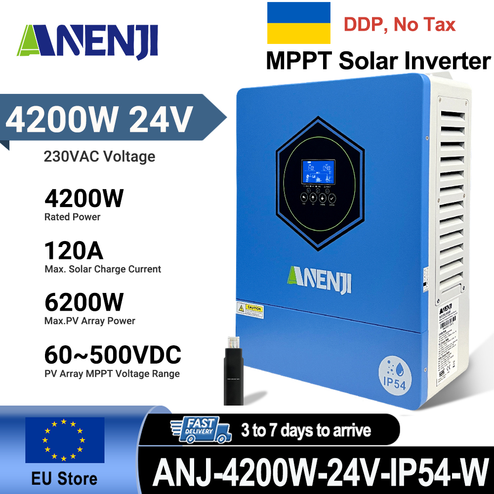 Ukraine Delivery Directly----ANENJI 4200W 4.2KW MPPT Hybrid Solar Inverter 24V On/Off Grid Dual Output Inverter 230VAC 120A Solar Charge Controller for PV 60-500V with IP54