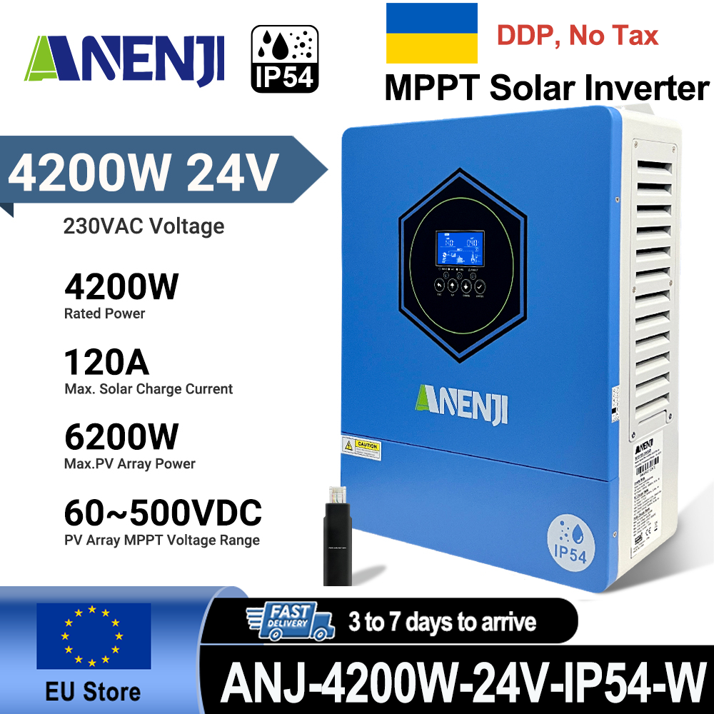 Ukraine Delivery Directly----ANENJI 4200W 4.2KW MPPT Hybrid Solar Inverter 24V On/Off Grid Dual Output Inverter 230VAC 120A Solar Charge Controller for PV 60-500V with IP54