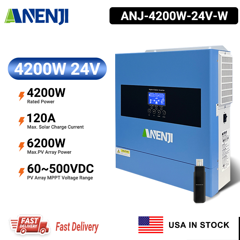 USA WAREHOUSE----ANENJI 4200W MPPT Hybrid Solar Inverter 4.2KW 24V On/Off Grid Photovoltaic Inverter 230VAC 100A Solar Charge Controller for PV 60-500V