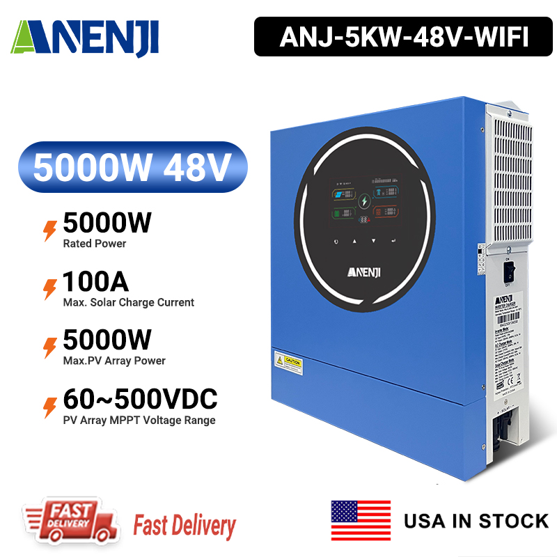 USA WAREHOUSE----Anenji 5000W 5KW 48V Hybrid Solar Inverter On grid Off grid Inverter with WIFI 100A MPPT Dual Outputs 