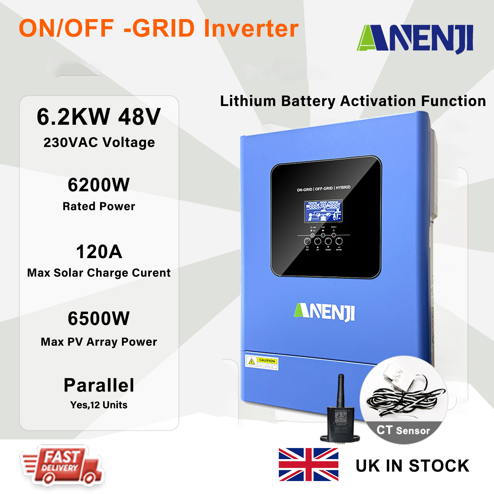 UK WAREHOUSE--ANENJI 6.2KW Hybrid Solar Inverter 48V 230VAC Photovoltaic Parallel 3-Phase Inverter Off Grid Tie Built in 120A MPPT Solar Charge Controller PV 500V