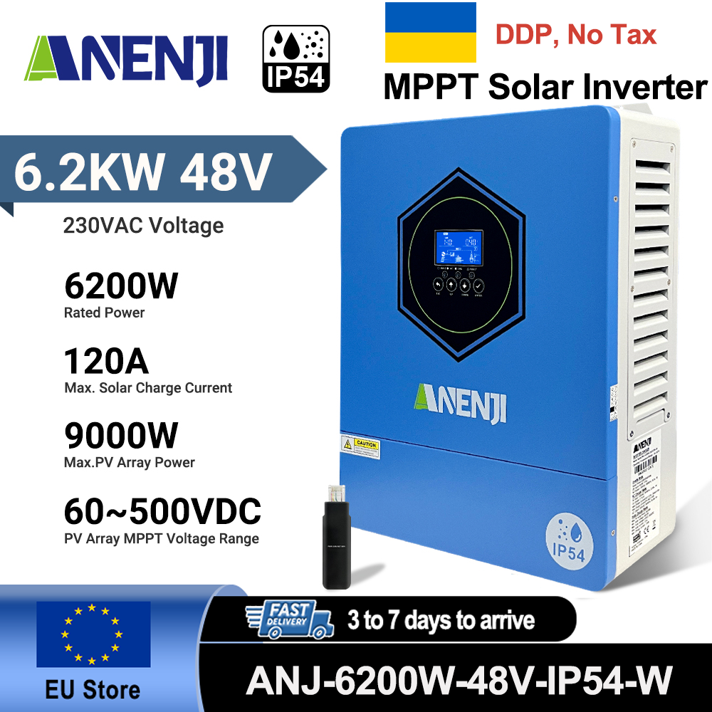 Ukraine Delivery Directly----Pre-Sale ANENJI 6200W 6.2KW MPPT Hybrid Solar Inverter 48V On/Off Grid Dual Output Inverter 230VAC 120A Solar Charge Controller for PV 60-500V with IP54