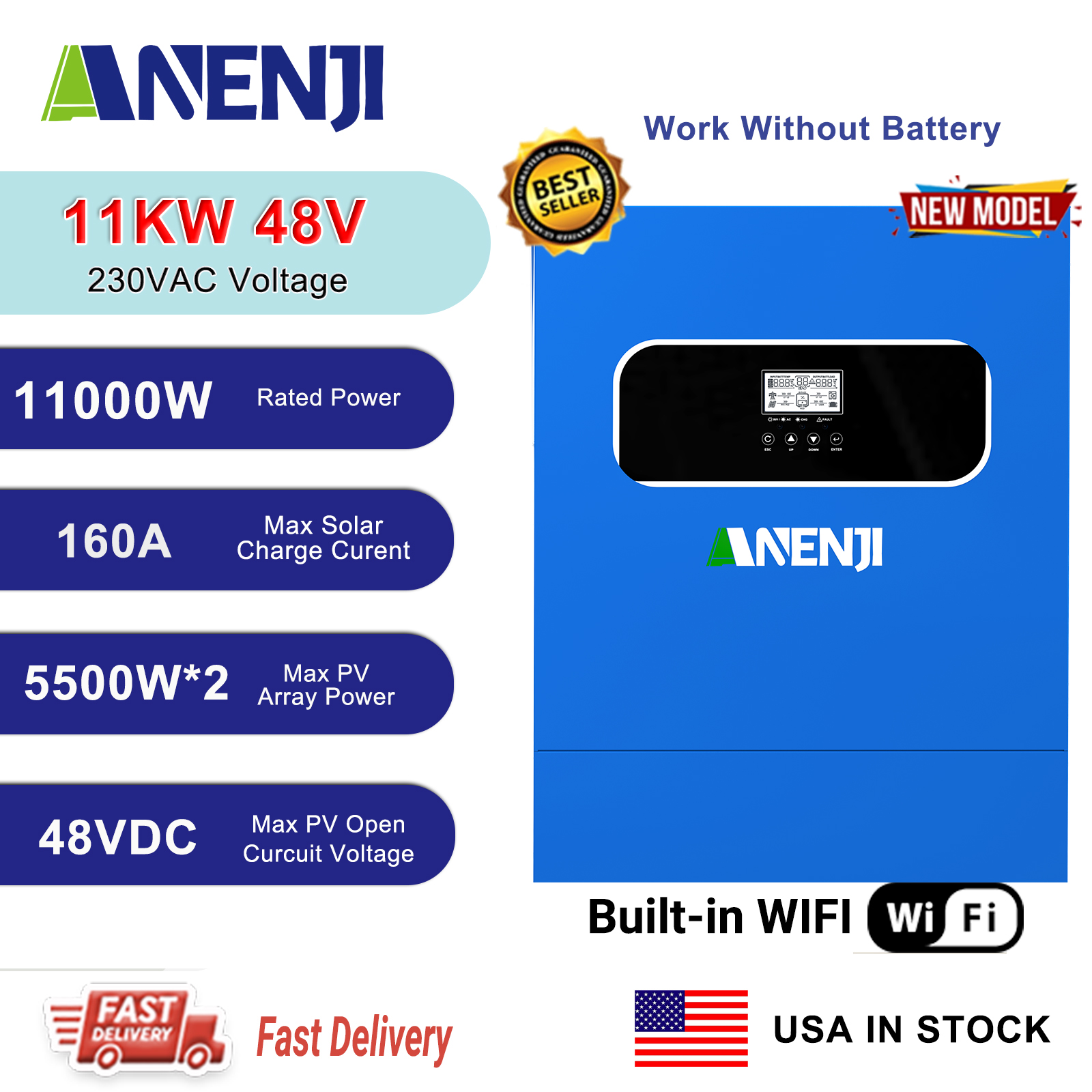 USA WAREHOUSE----ANENJI 11KW Hybrid Solar Inverter 48V 230VAC Photovoltaic Inverter Off Grid Tie Built in 160A Dual MPPT Solar Charge Controller PV 500V