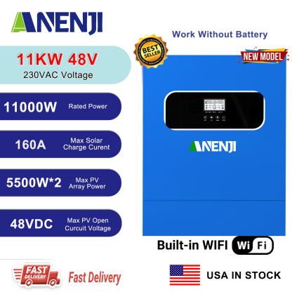 USA WAREHOUSE----ANENJI 11KW Hybrid Solar Inverter 48V 230VAC Photovoltaic Inverter Off Grid Tie Built in 160A Dual MPPT Solar Charge Controller PV 500V