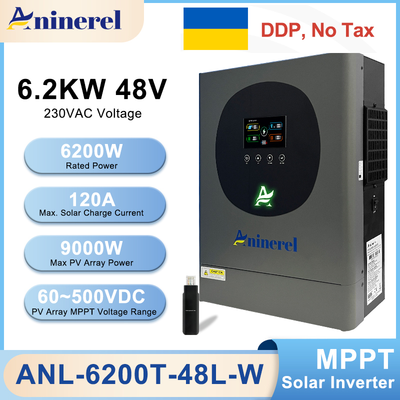 Ukraine Delivery Directly----Aninerel 6.2KW 6200W MPPT Hybrid Solar Inverter 48V On/Off Grid Dual Output Inverter 230VAC 120A Solar Charge Controller for PV 60-500V