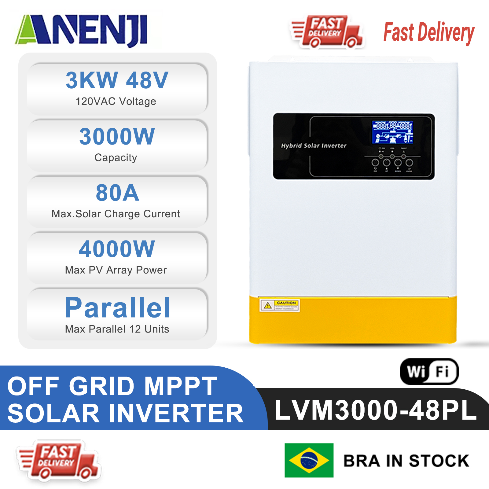 Brazil Warehouse--ANENJI 3KW 48V Hybrid Solar Inverter 110/120Vac Splite Phase MPPT Off Grid Solar Inverter Pure Sine 80A Solar Charge Controller with  Max Parallel  12pcs