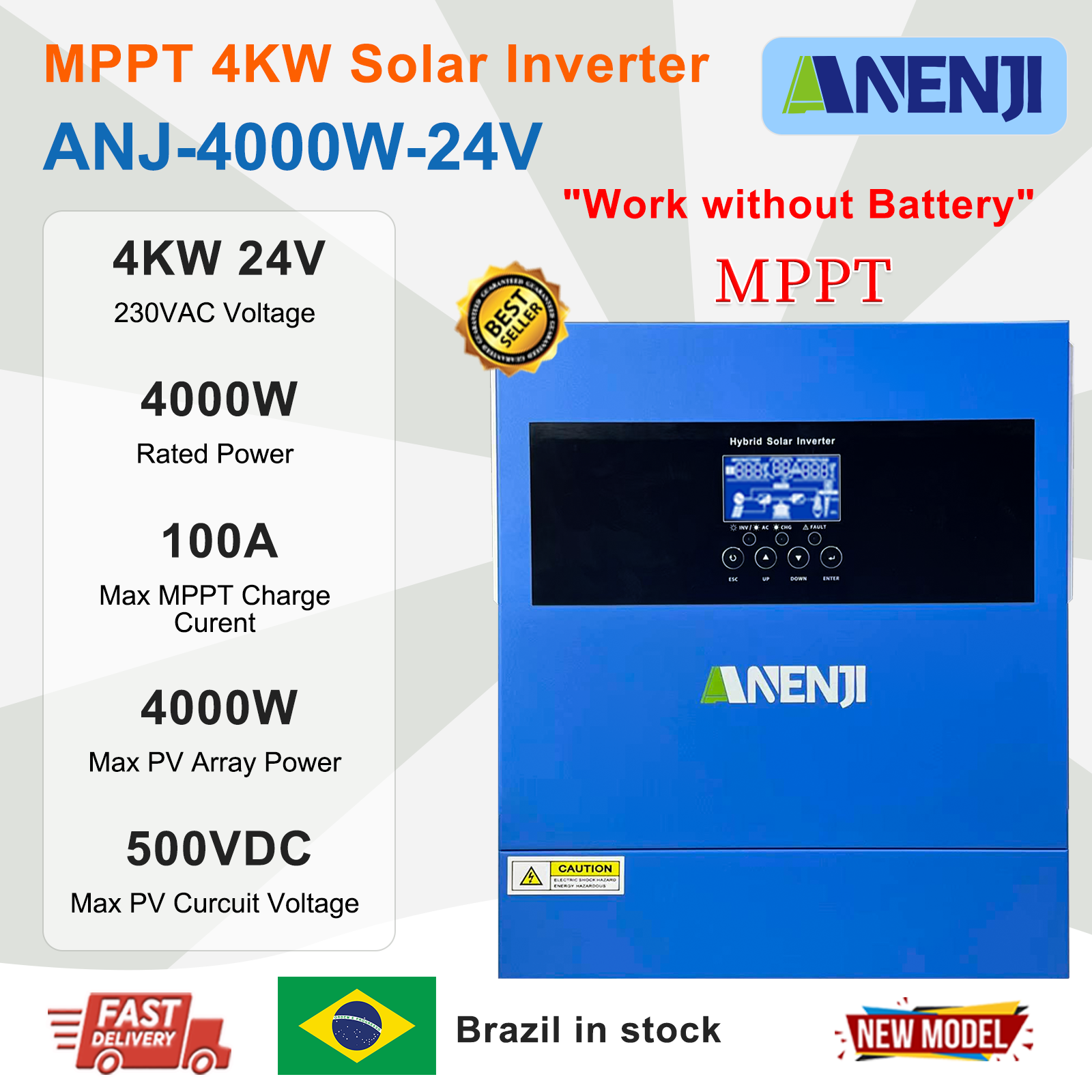 ANENJI 4200W MPPT Hybrid Solar Inverter 4.2KW 24V On/Off Grid Photovoltaic Inverter 230VAC 100A Solar Charge Controller for PV 60-500V
