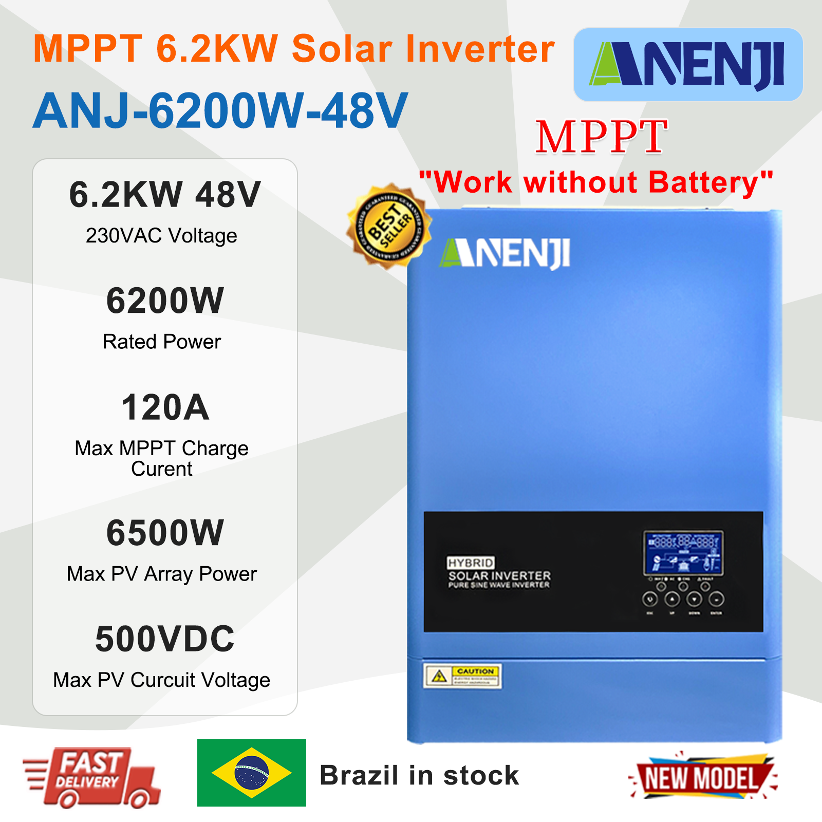 ANENJI 6.2KW 48V Hybrid Solar Inverter 230V MPPT On Grid Off Grid Solar Inverter Pure Sine 120A Solar Charge Controller for PV Panels
