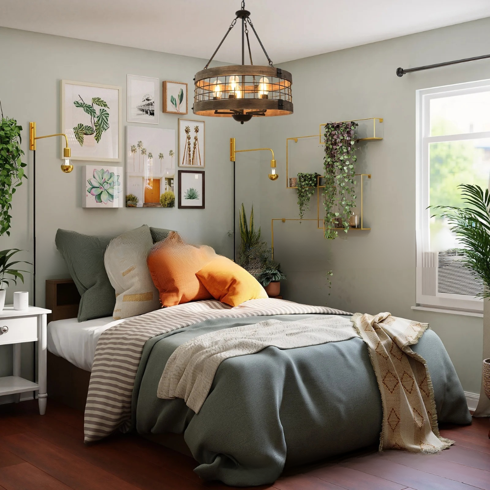Alessio Industrial LED Pendant Light Black Wood Metal Living Room
