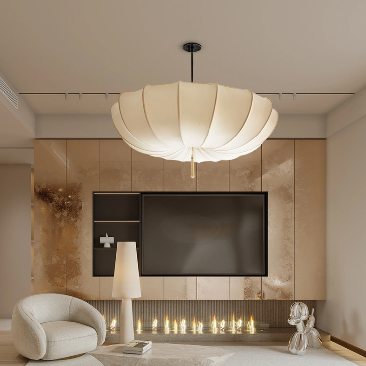 Renee cream fabric pendant light in a modern living room
