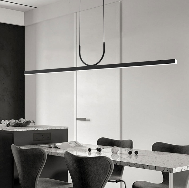 Modern dining room with black linear pendant light