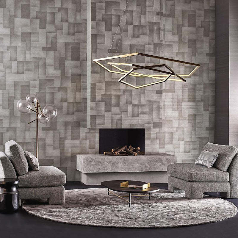Modern living room with geometric pendant light
