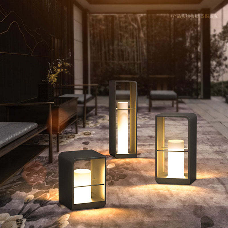 Orr minimalist outdoor floor lamps illuminate patio. Las Sola lighting. Orr Minimalist Cuboid Candle Outdoor Floor Lamp Garden