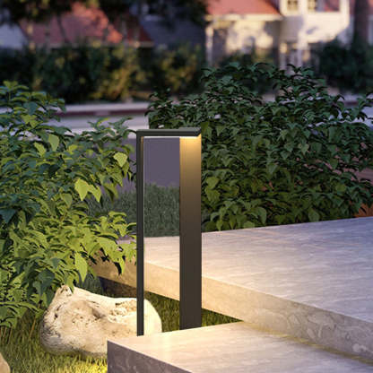 Modern outdoor path light illuminating a garden path