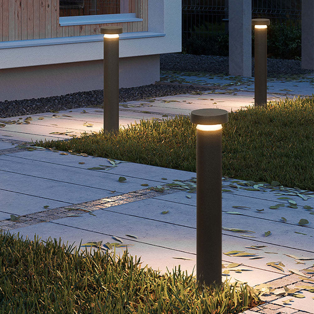 Modern outdoor path lights illuminating a garden