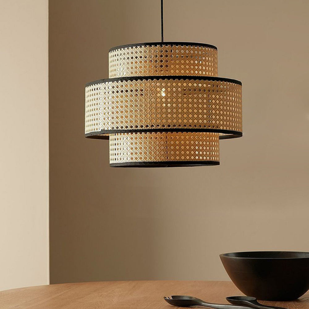 Ritta Japanese Rattan Pendant Light over wooden table