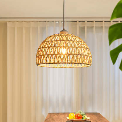 Woven rattan pendant light fixture, boho style