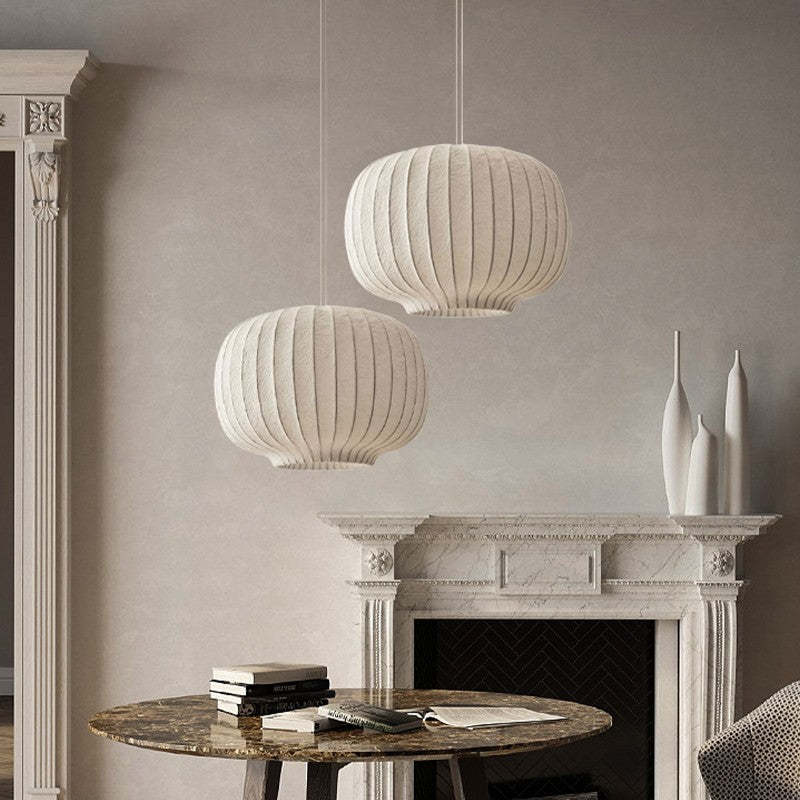White Retro Lantern LED Pendant Lights in dining room setting