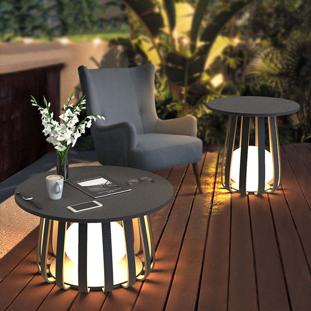 Orr metal solar floor lamp on patio, outdoor lighting