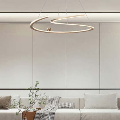 Modern linear pendant light in living room, gold finish