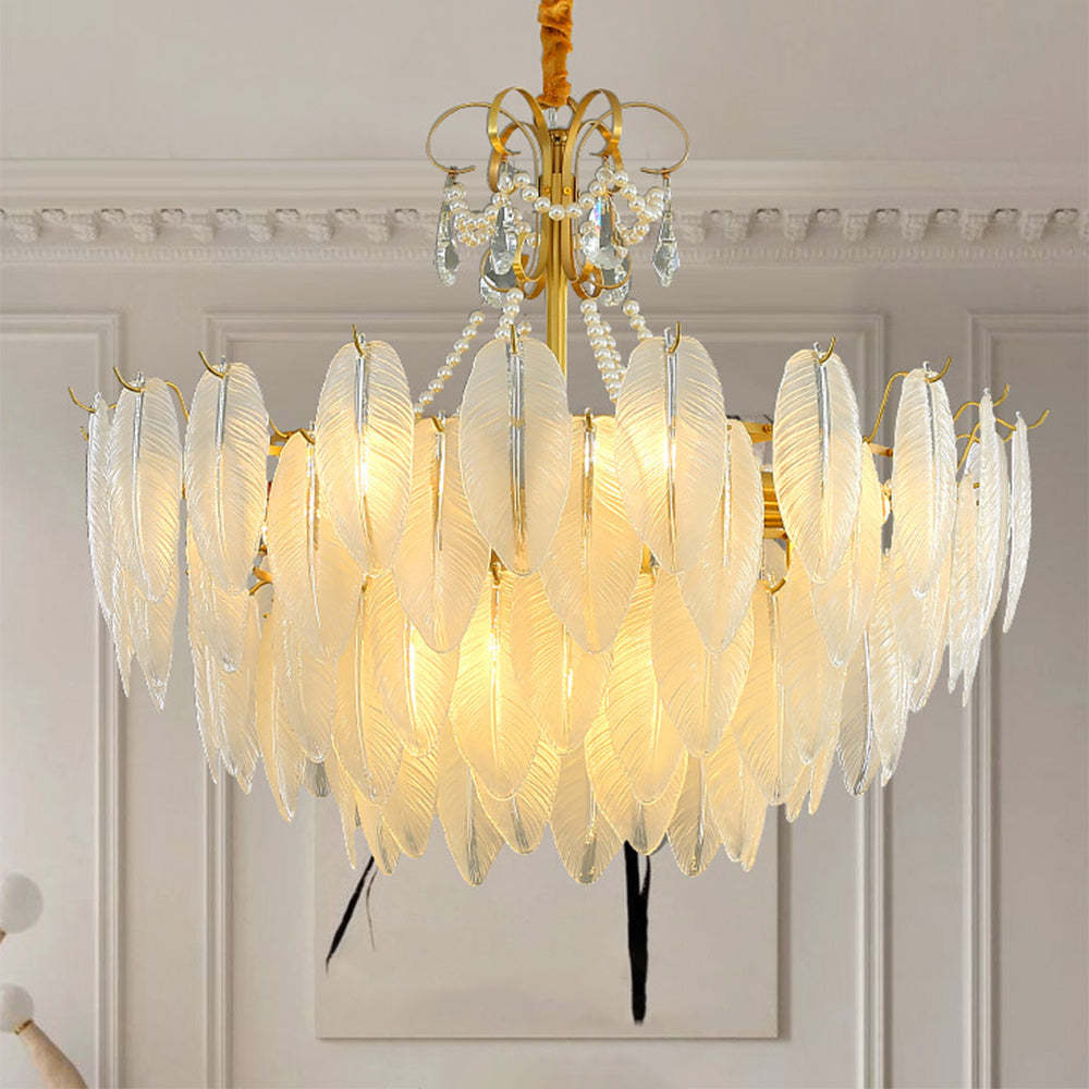 Elegant glass feather chandelier, perfect for living room and bedroom lighting