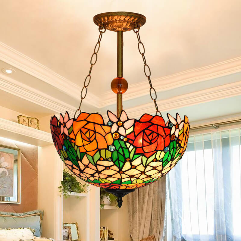 Eryn Vintage Pendant Light, Multicolor Glass Rose Design