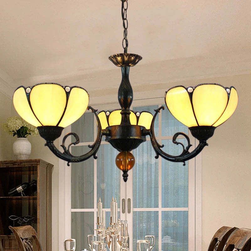 Eryn Vintage LED Chandelier, bowl-shaped design, yellow glass shades