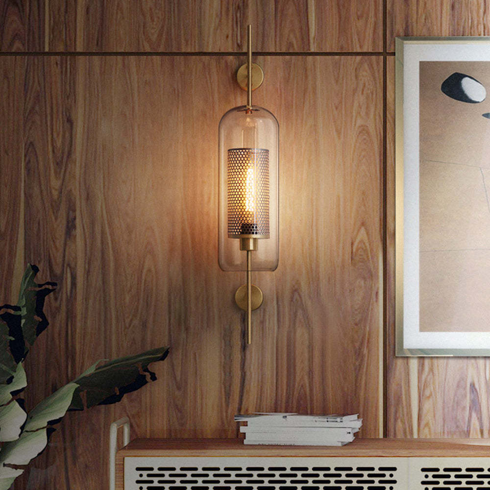 Industrial wall lamp with glass shade and metal frame, home lighting