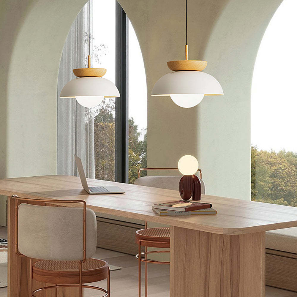 Ozawa pendant lights in kitchen setting, wood metal details