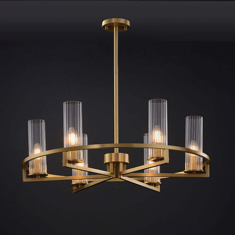Arisha glass cylinder pendant light, brushed brass finish.