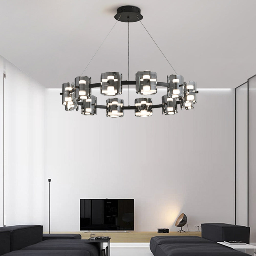 Evette round pendant light illuminating modern living room