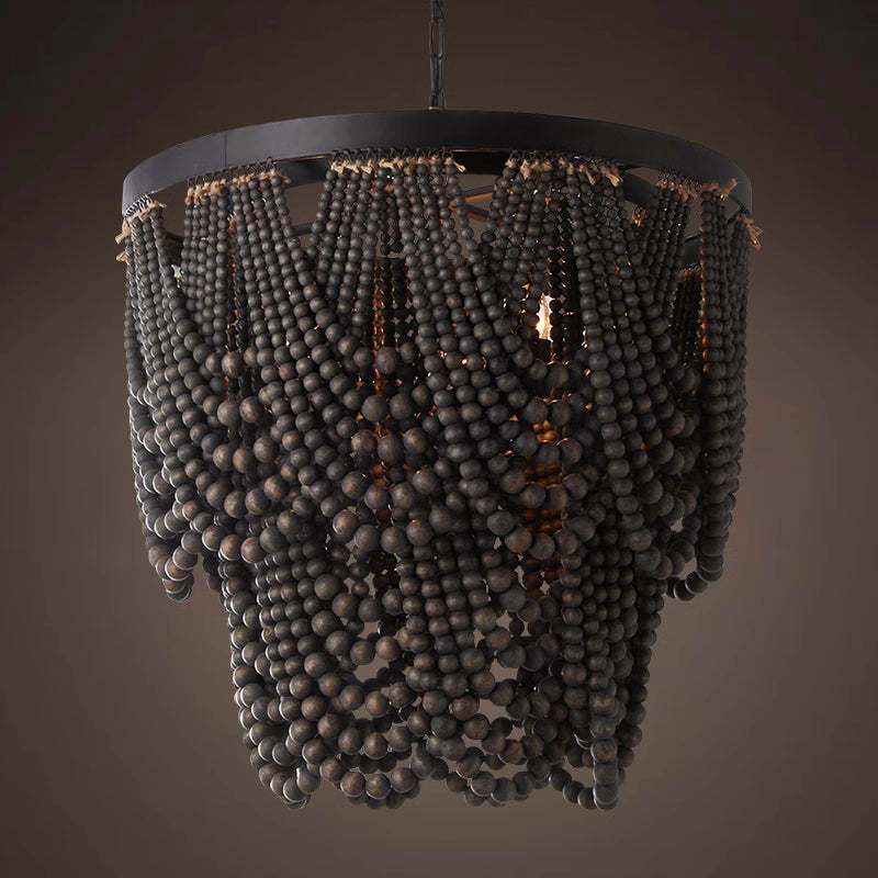 Black wood bead Alessio pendant light. Boho lighting fixture.