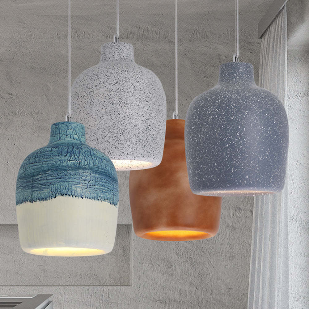 Las Sola Byers pendant lights: resin jar lights in blue, grey, brown and dark blue.