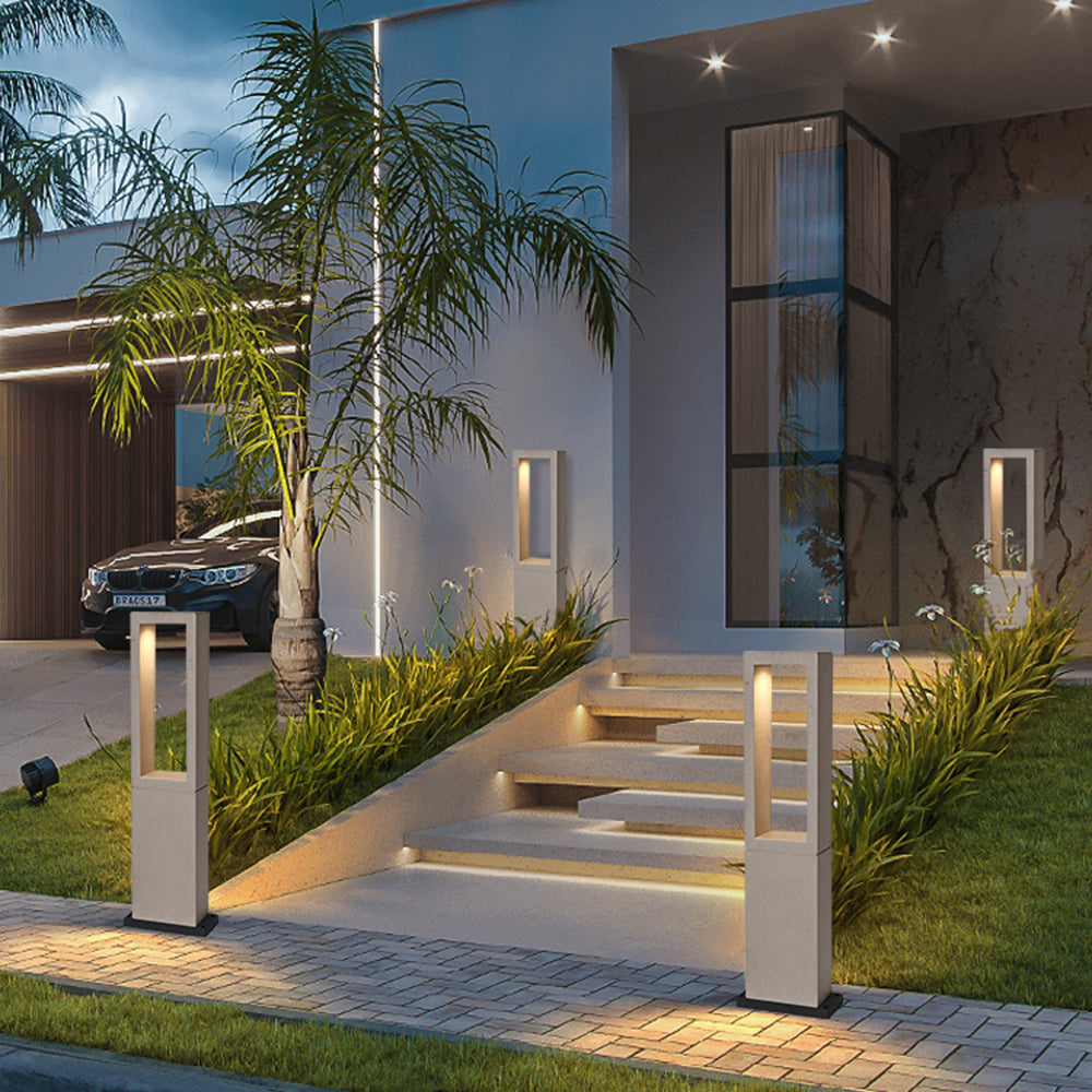 Pena Outdoor Path Light illuminating modern home entrance