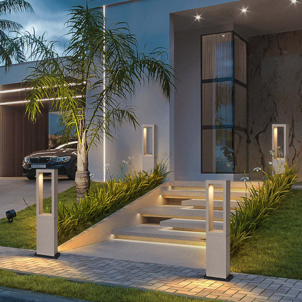 Pena Outdoor Path Light illuminating modern home entrance