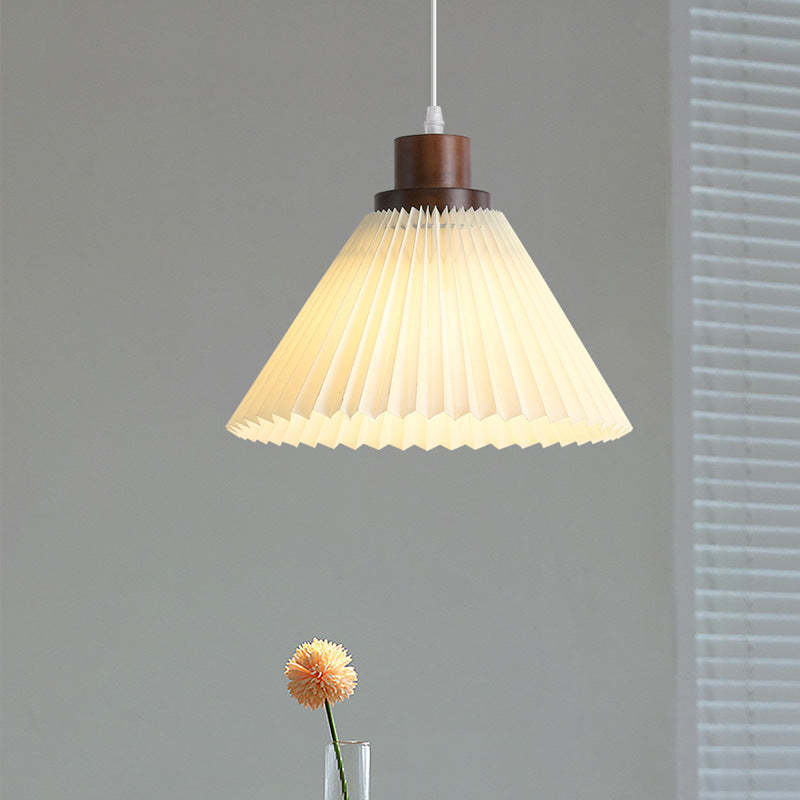 Ozawa pendant light with pleated fabric shade and wooden base, interior lighting