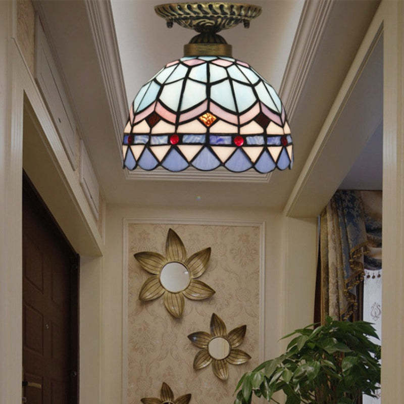 Vintage Eryn LED Blue Stained Glass Flush Mount Ceiling Light in Hallway