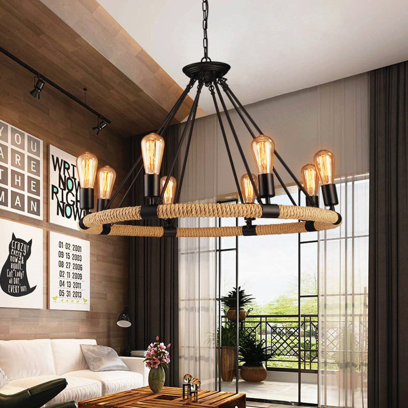 Epoch LED Pendant Light in Living Room with Black Metal and Rope
