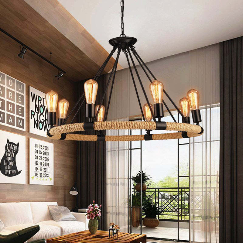 Epoch LED Pendant Light in Living Room with Black Metal and Rope