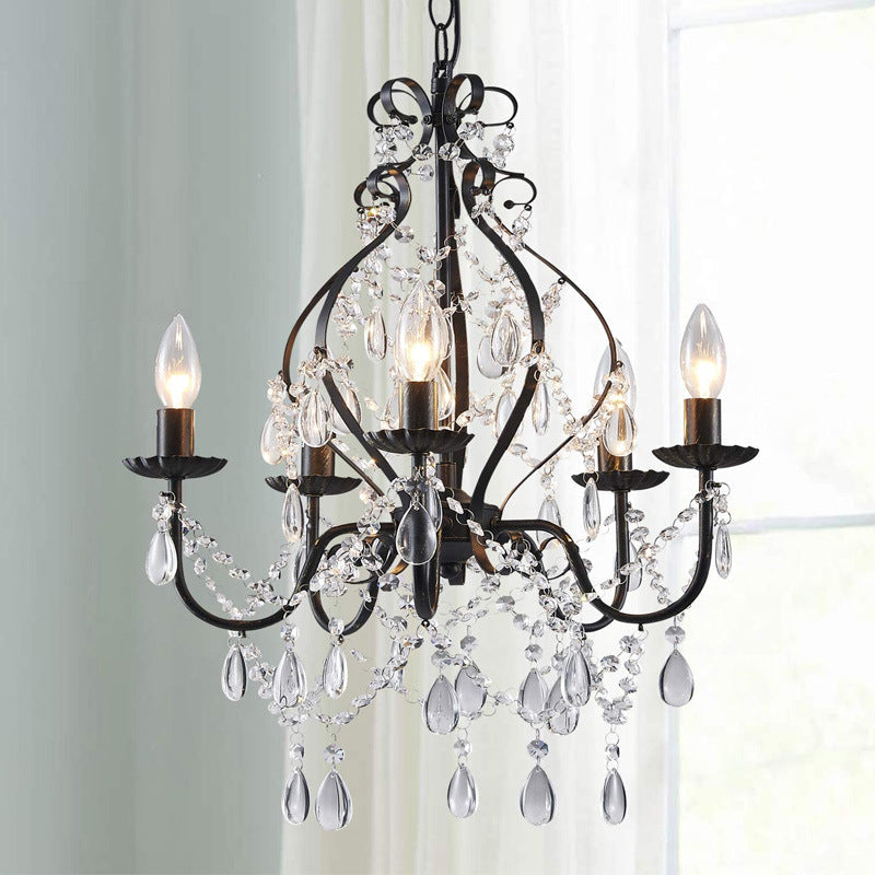 Black crystal chandelier with candle-shaped bulbs, perfect for dining room