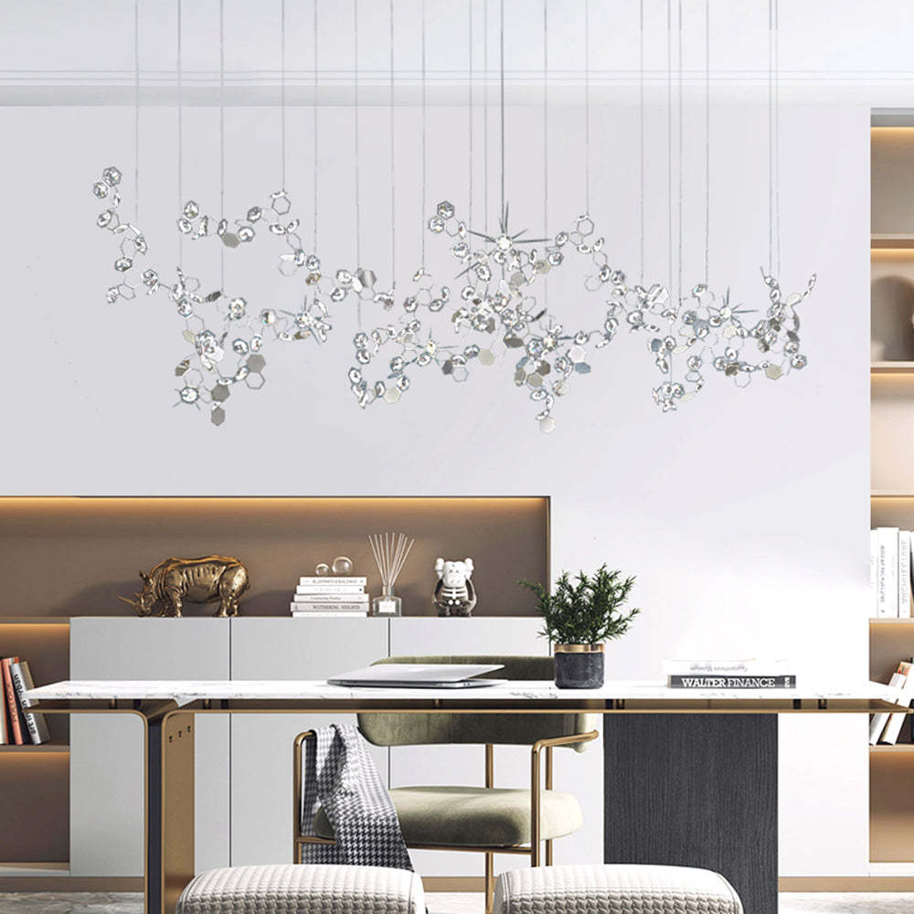 Modern crystal chandelier over a modern office desk