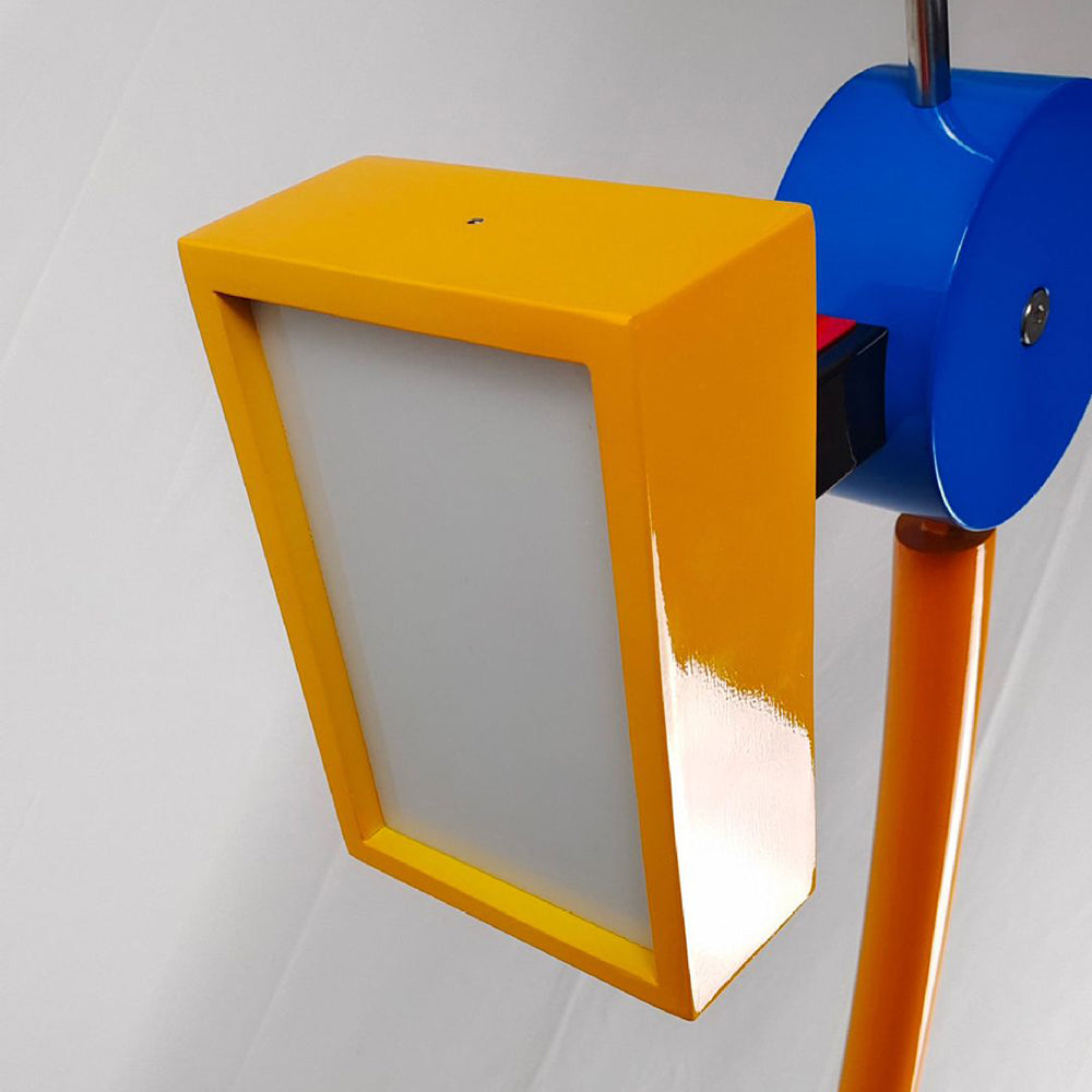 Close-up of Morandi Lego style floor lamp, artistic lighting.
